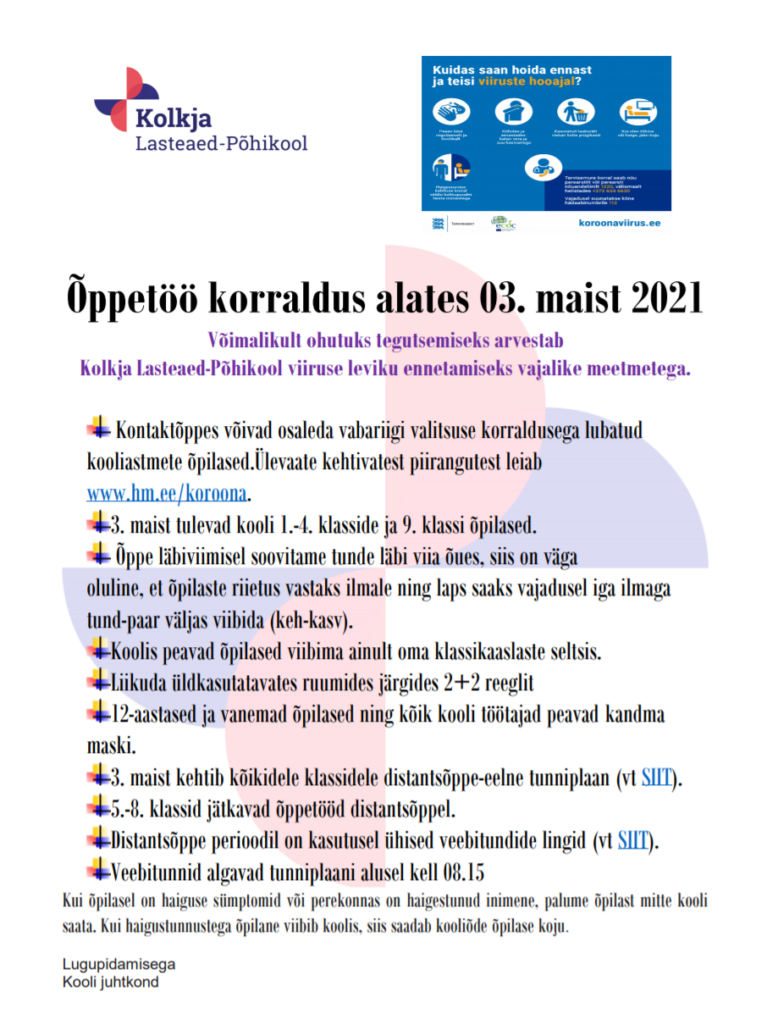 Õppetöö korraldus alates 03.05.21